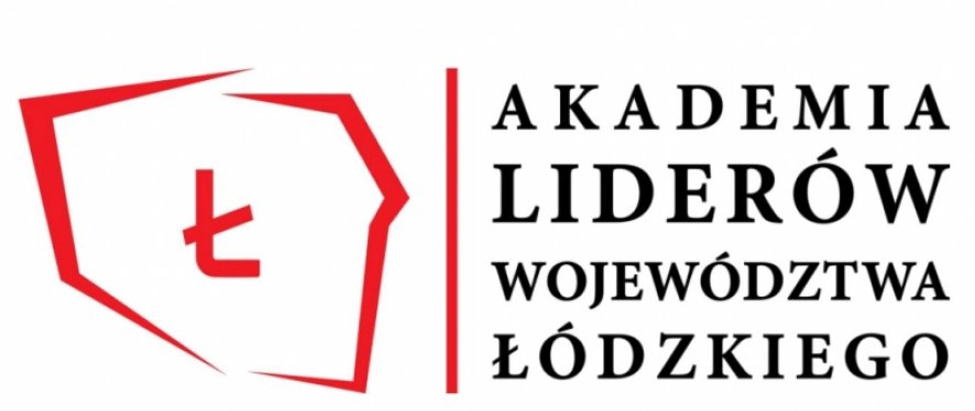 Po lewej czerwone granice Polski z literą "Ł" w środku, obok pionowa czerwona kreska i po prawej napis "Akademia Liderów Województwa Łódzkiego"