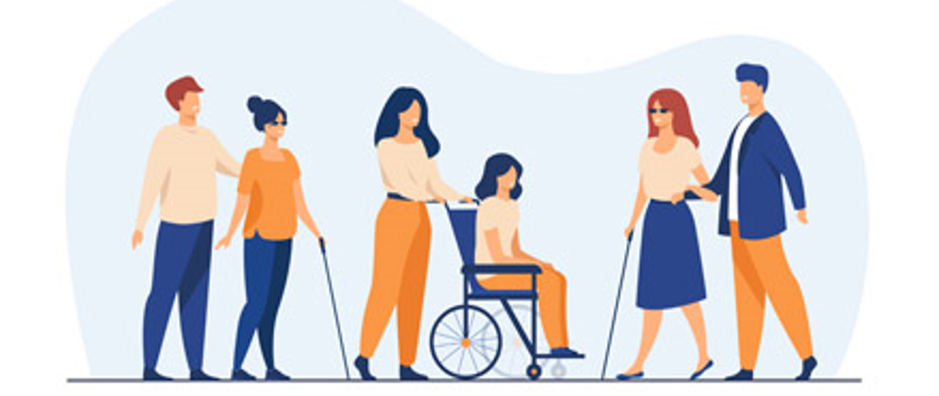 Na grafice widać osoby niepełnosprawne wraz z opiekunami. Po lewej niewidoma Pani oraz Pan opiekun. Na środku Pani na wózku inwalidzkim oraz Pani opiekun. Po prawej widzimy niewidomą Panią oraz Pana opiekuna.