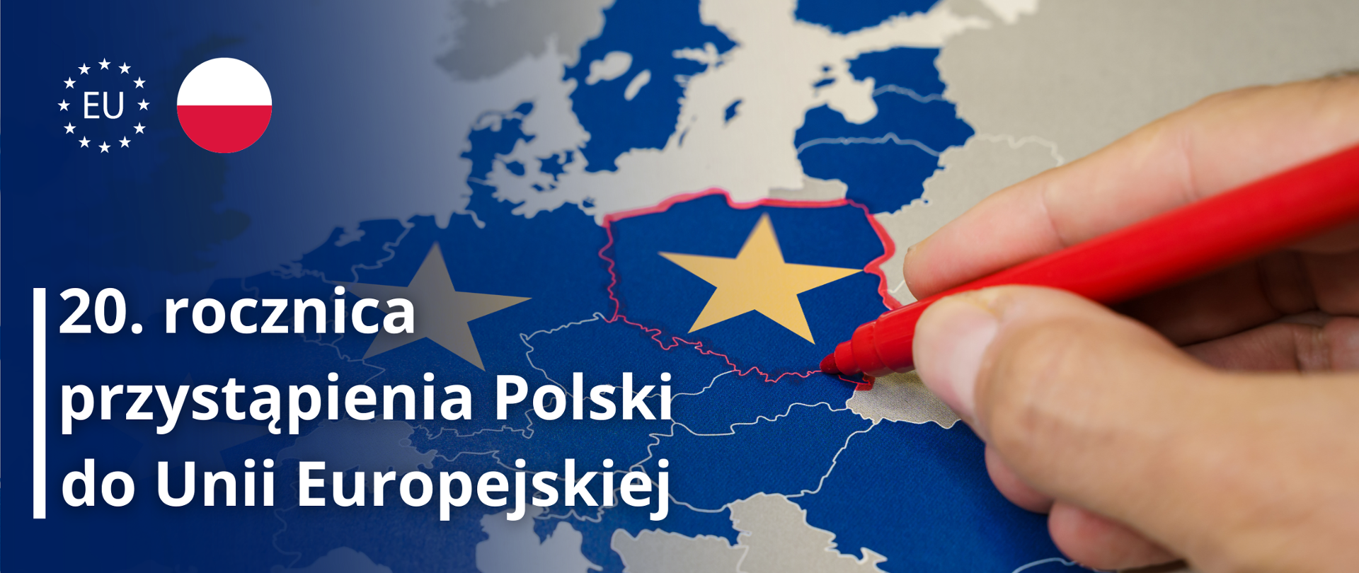 Mapa Europy, na niej Polska zaznaczona czerwonym kolorem, w lewym górnym rogu logotyp EU oraz koło w kolorze polskiej flagi. Poniżej tekst: 20. rocznica przystąpienia Polski do Unii Europejskiej