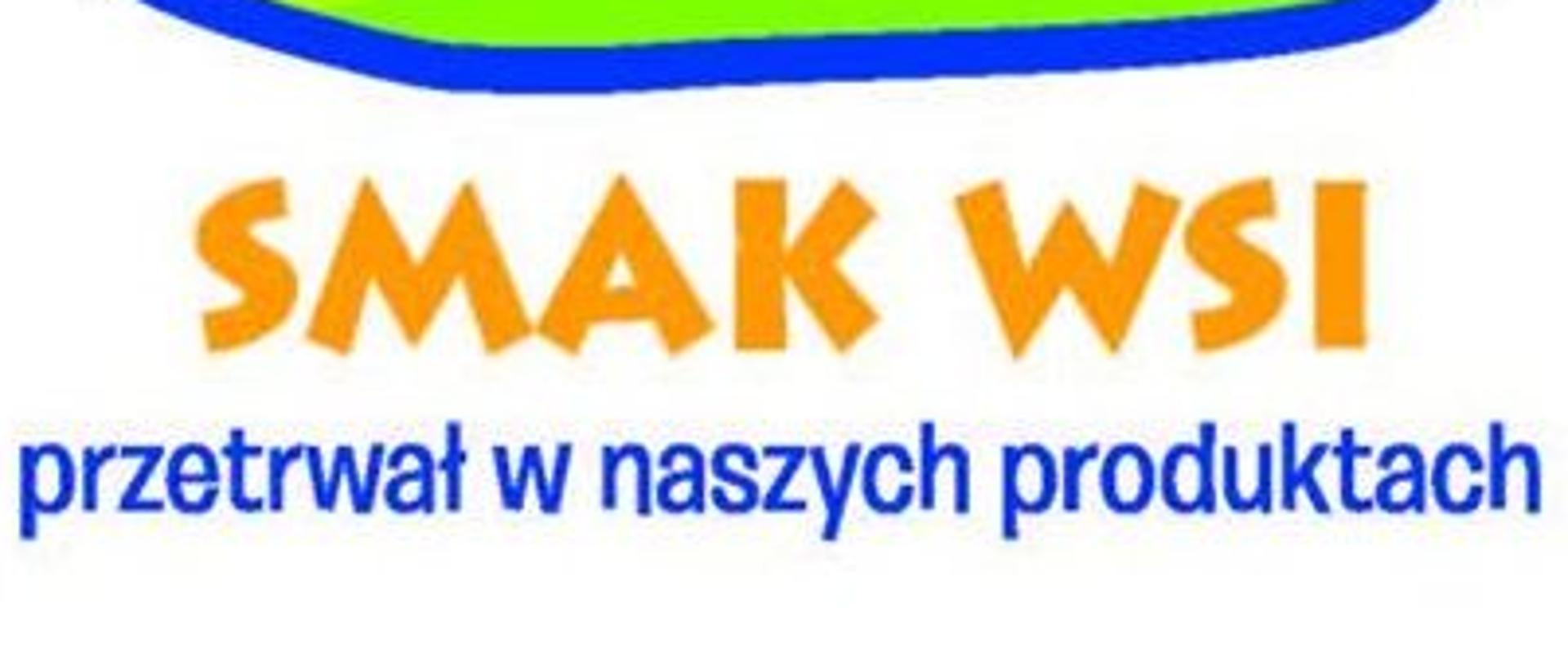 "SMAK WSI przetrwał w naszych produktach". Kwadratowe logo, na którym widać słońce, pola i niebo. Wszystko jest w niebieskiej ramce.