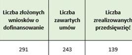 Tabela: Liczba złożonych wniosków o dofinansowanie - 291, Liczba zawartych umów - 243, Liczba zrealizowanych przedsięwzięć - 139