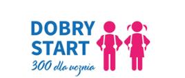 Niebieski napis Dobry start 300 dla ucznia. Na prawo różowe postacie chłopca i dziewczynki trzymające szelki od plecaków.
