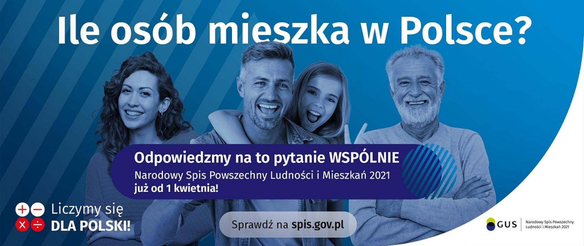 Banner informacyjny o Narodowym Spisie Powszechnym, osoby na niebieskim tle, napis "wejdź na spis.gov.pl i spisz się! Spis trwa od 1 kwietnia", do wykorzystania na profilu Facebook
