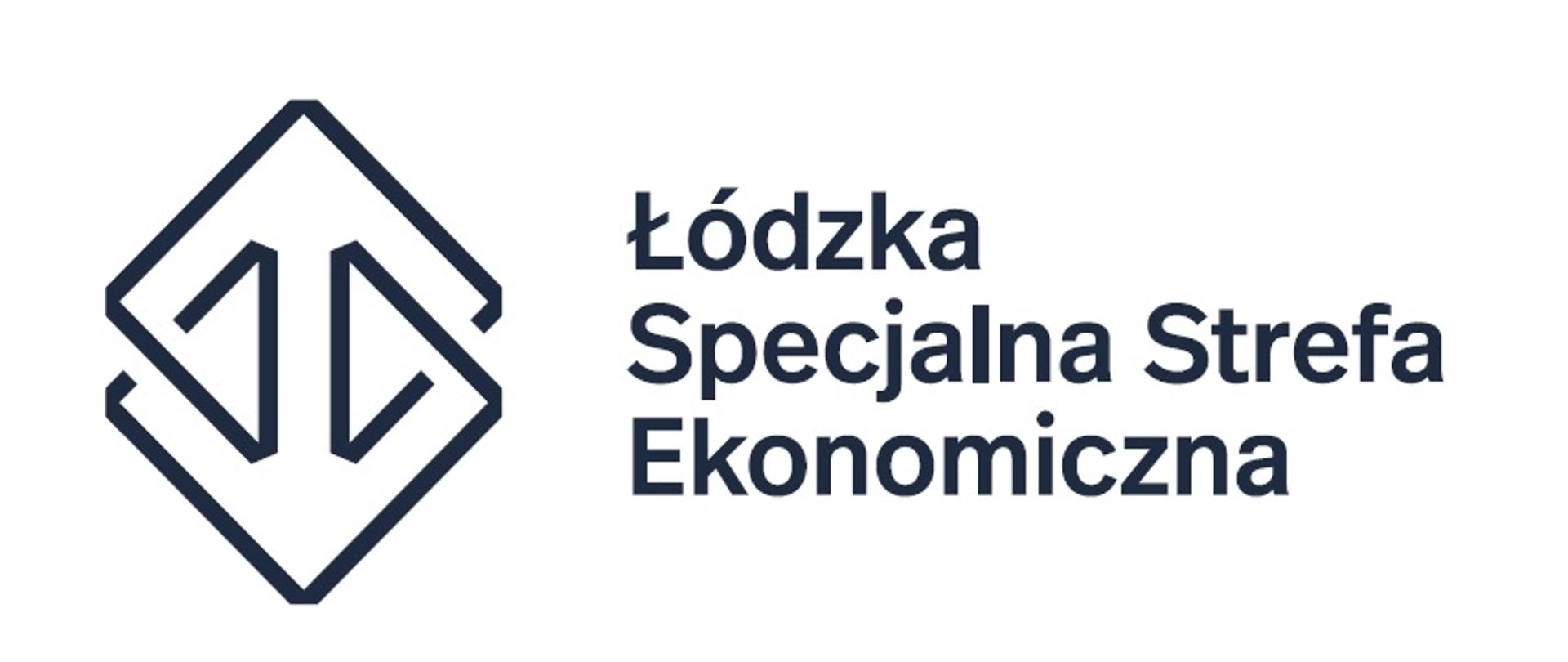 Logo Łódzkiej Specjalnej Strefy Ekonomicznej, dwa złączone kwadraty i napis na białym tle.