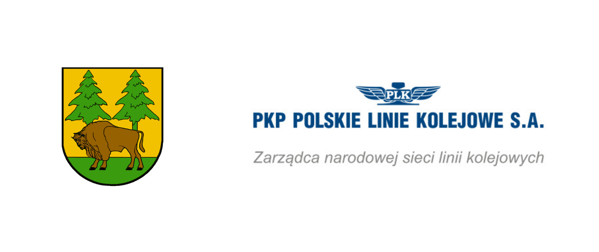 Logotypy: herb Powiatu Hajnowskiego i PKP Polskie Linie Kolejowe - Zarządcy narodowej sieci linii kolejowych