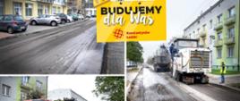Kolarz zrobiony z 3 zdjęć z ulicy Piłsudzkiego na którym widać maszyny pracujące nad przebudową ulicy. Na środku widnieje grafika Budujemy dla was,.