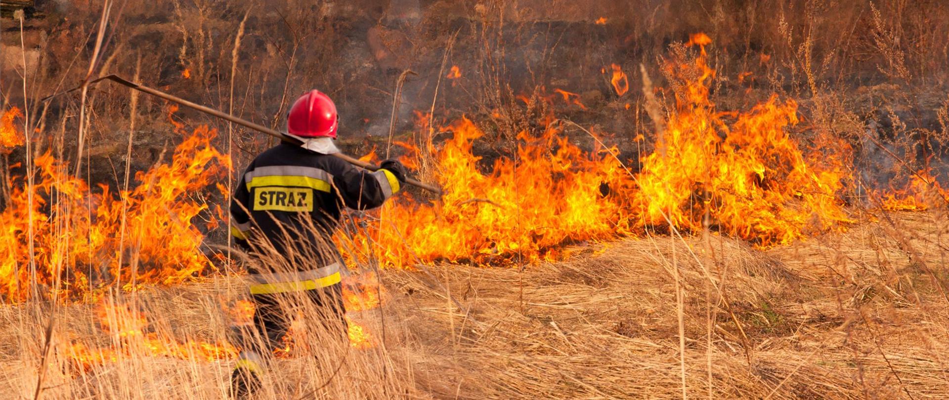 Płonąca łąka, postać strażaka w mundurze bojowym