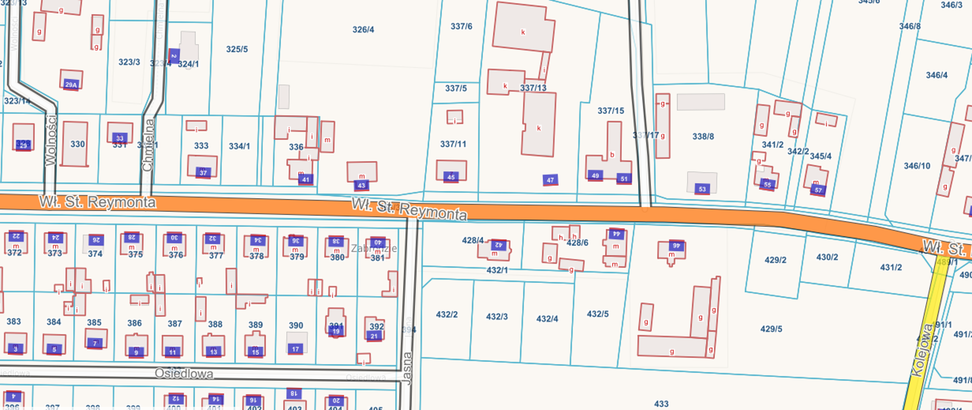 Mapa z zaznaczonymi drogami, działkami i budynkami