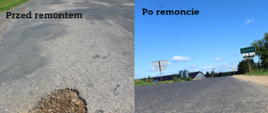 Kolaż zdjęć: po lewej droga 1628B na odcinku Kutowa – Chrabostówka przed remontem, po prawej droga po remoncie