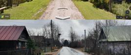 Kolaż zdjęć: U góry zdjęcie drogi przed przebudową: gruntowa, nierówna droga we wsi. U dołu: efekt prac- nawierzchnia z betonu asfaltowego, droga została wyprofilowana