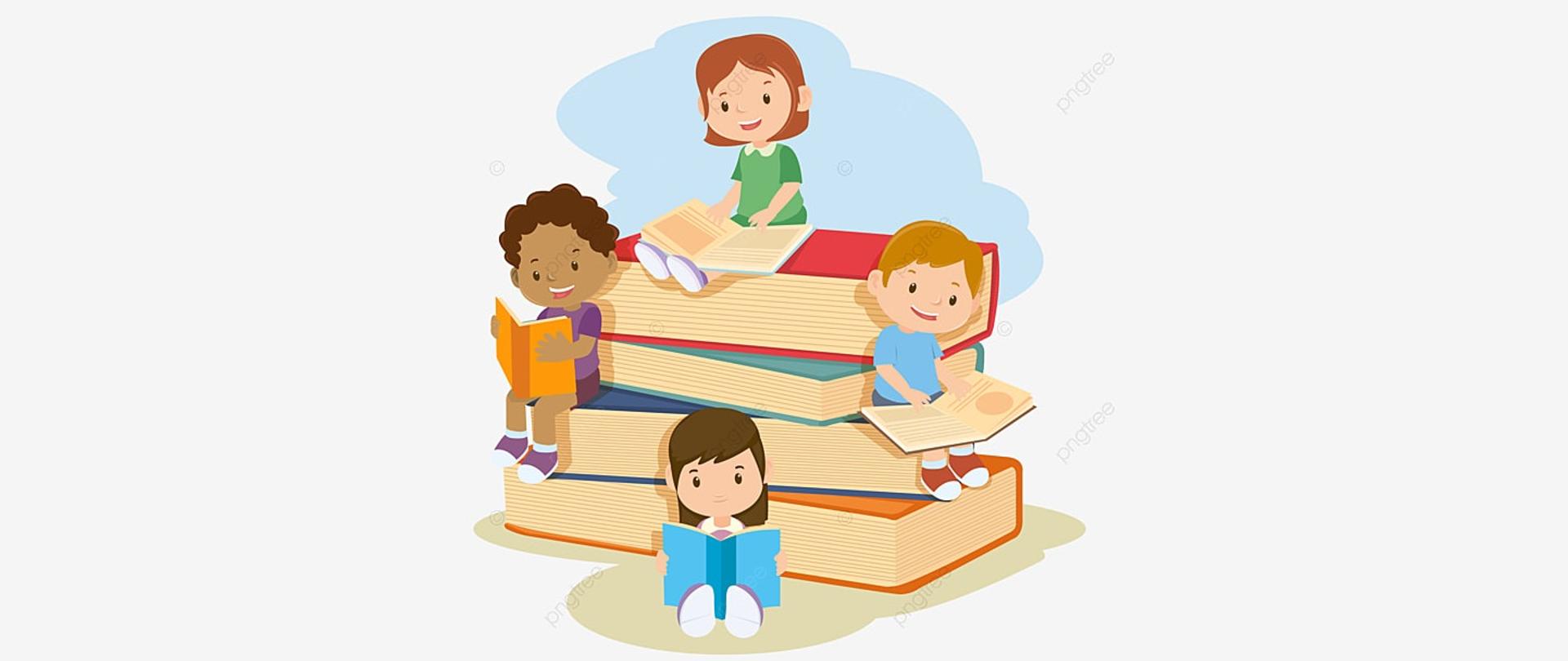 Obrazek dzieci siedzących i czytających książki na stosie wielkich książek