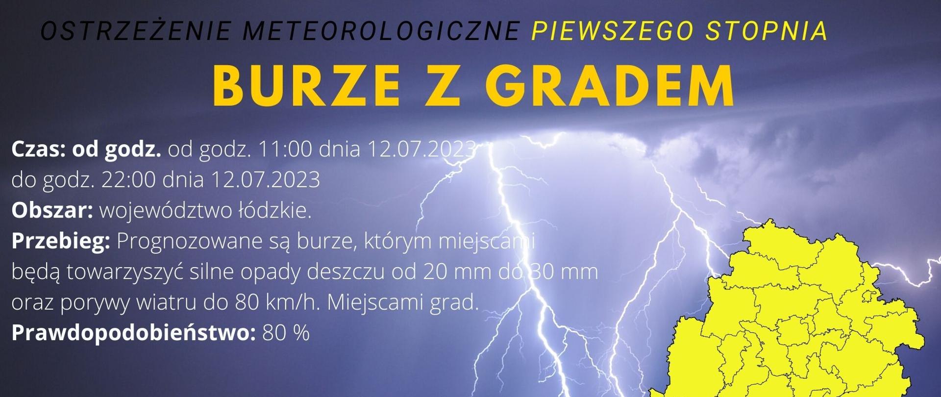 Ostrzeżenie o burzach z gradem, w tle błyskawice i mapa województwa łódzkiego