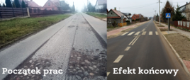 Efekt przed i po - widok drogi o popękanej nawierzchni, efekt po - nowa nowa nawierzchnia i chodnik