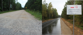Kolaż zdjęć - po lewej droga przed: nawierzchnia z piasku, zarośnięte pobocza, dogra po: nowy asfalt, wyrównane pobocza