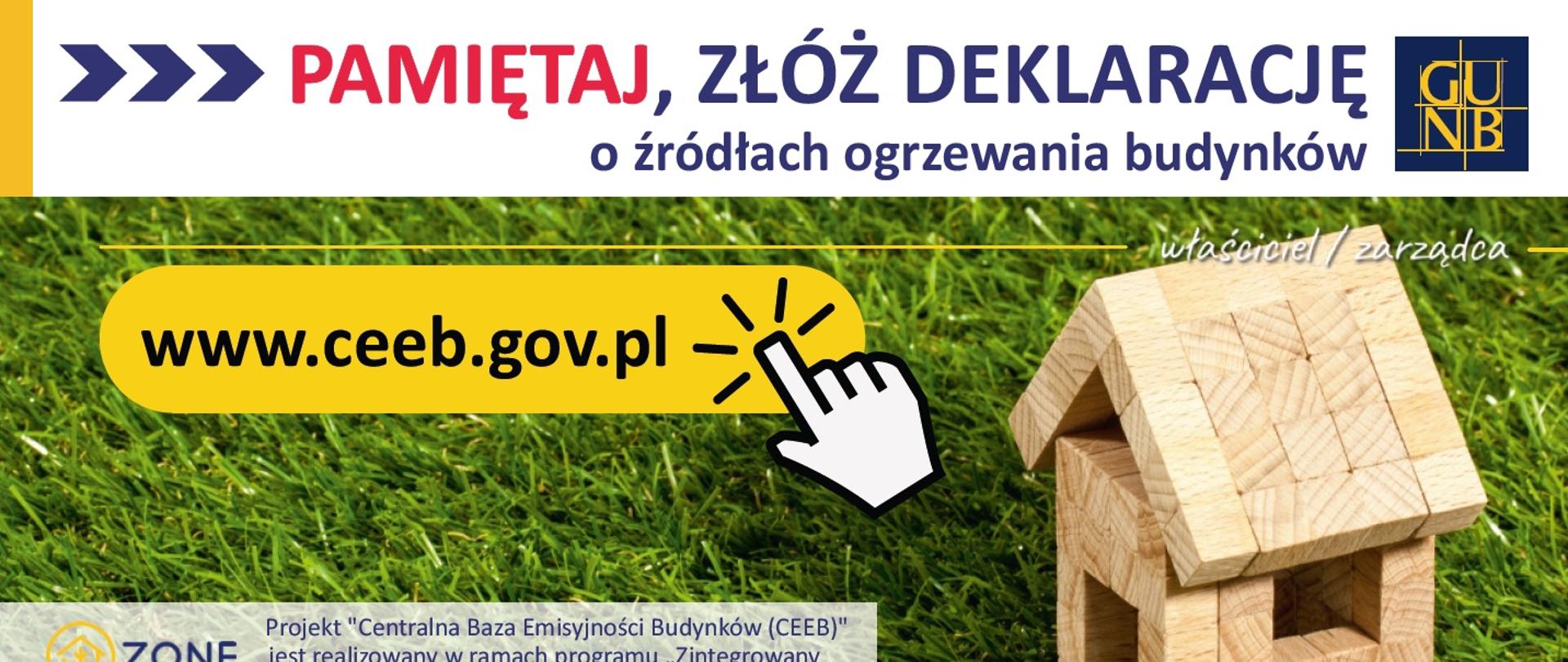 Pamiętaj złóż deklarację o źródłach ogrzewania budynków: www.ceeb.gov.pl. Informacje o tym czym jest CEEB, kto musi złożyć deklarację, do kiedy i jak ją złożyć. Informacje zawarte w artykule. Nad tekstem informacyjnym obraz: na zielonej trawie dom z klocków.