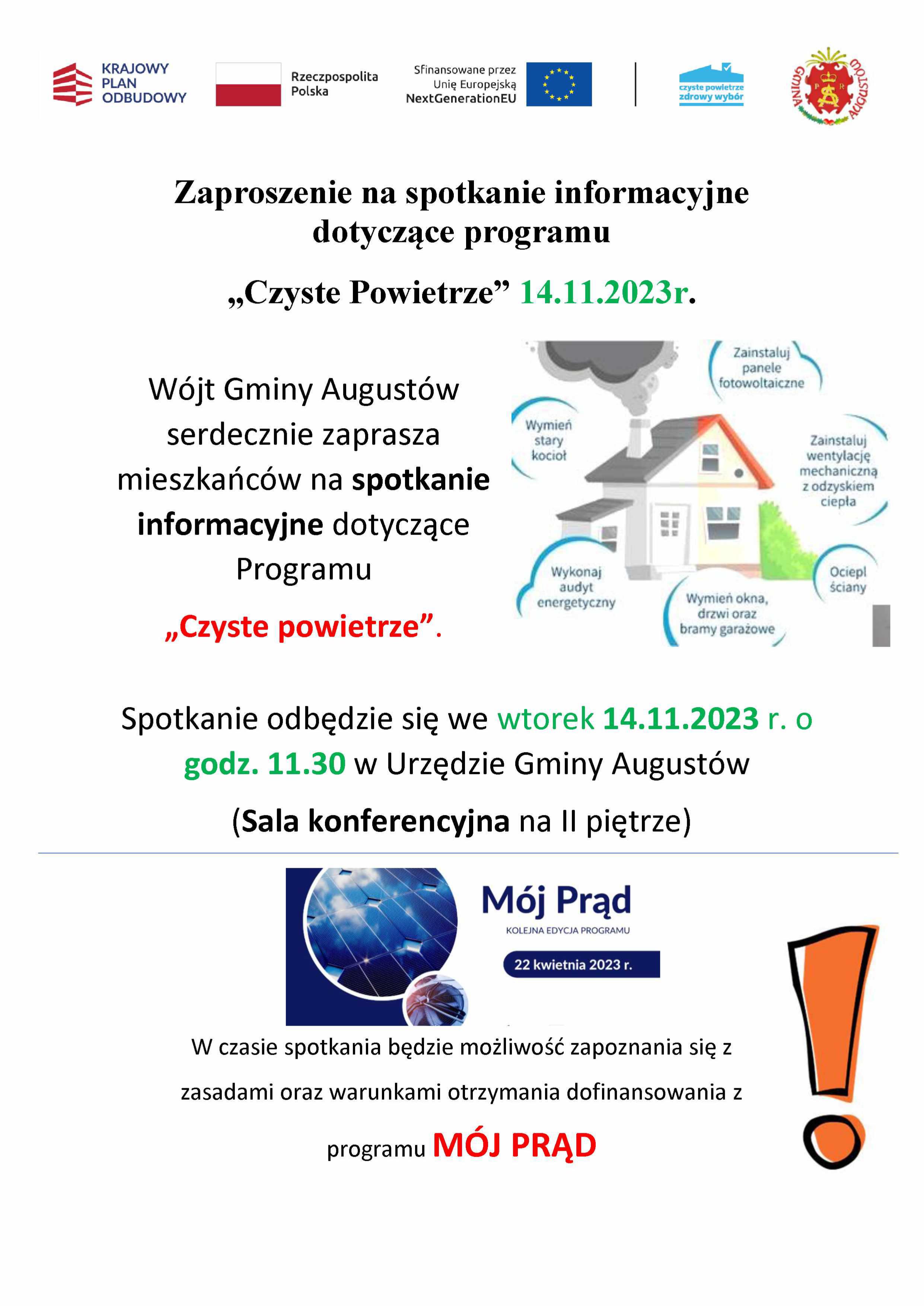 Zaproszenie na spotkanie informacyjne dotyczące programu „Czyste Powietrze” 14.11.2023r.