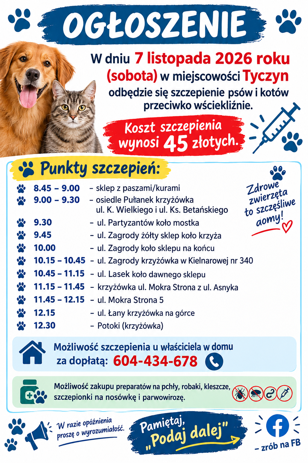 Szczepienie psów i kotów przeciwko wściekliźnie w Tyczynie