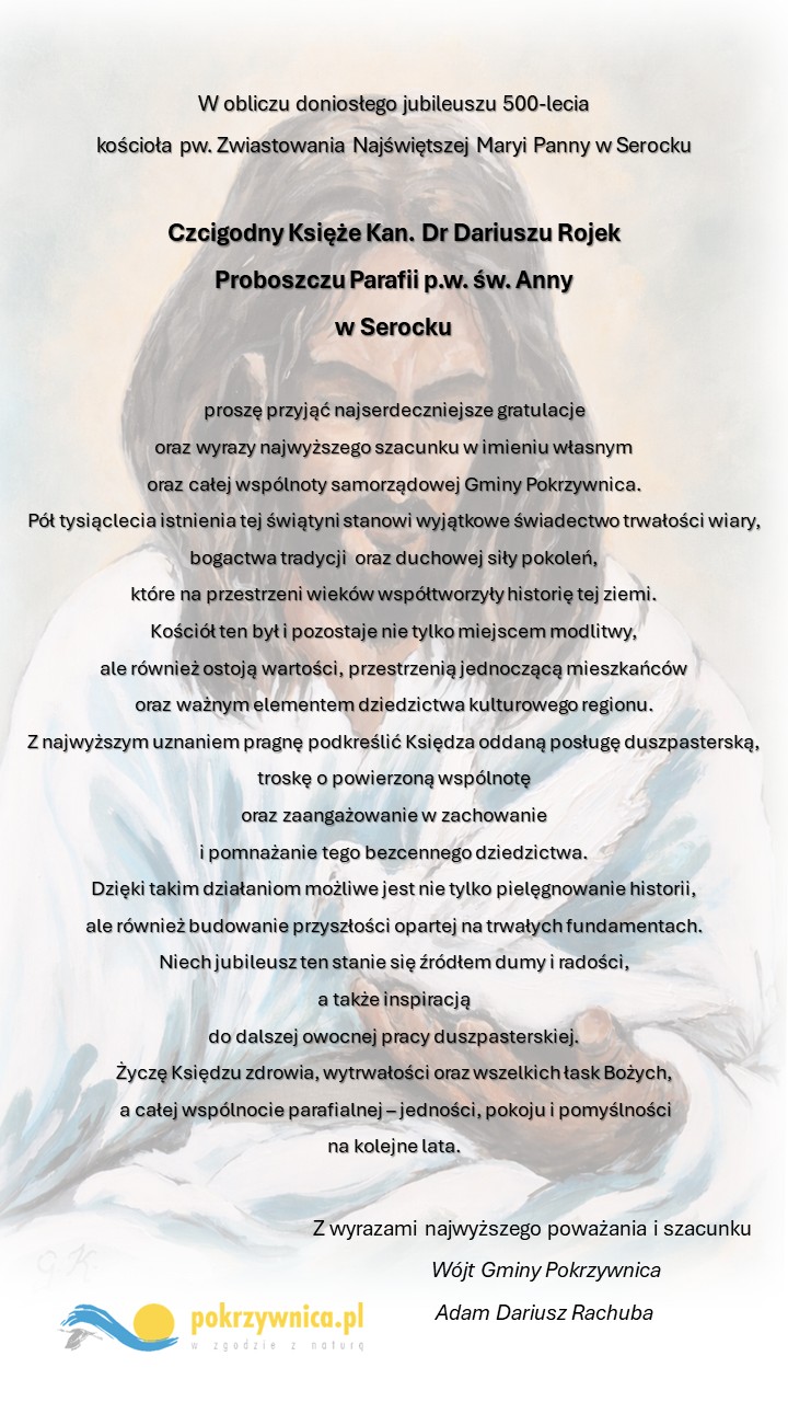 list gratulacyjny - jubileusz 500-lecia Kościoła w Serocku