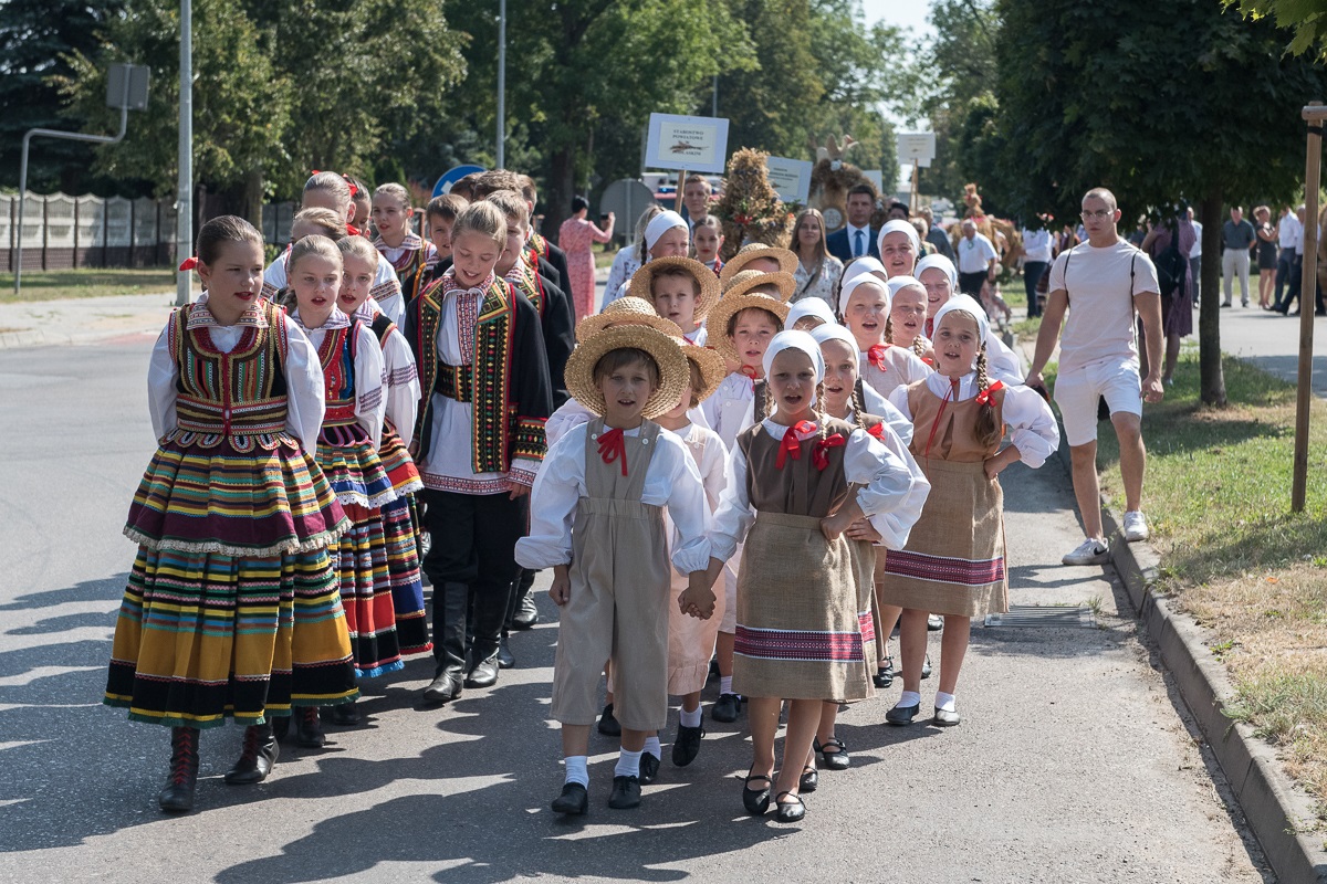 Dzieci i młodzież z Zespołu Pieśni i Tańca Sokołowianie prowadzą ulicą korowód dożynkowy
