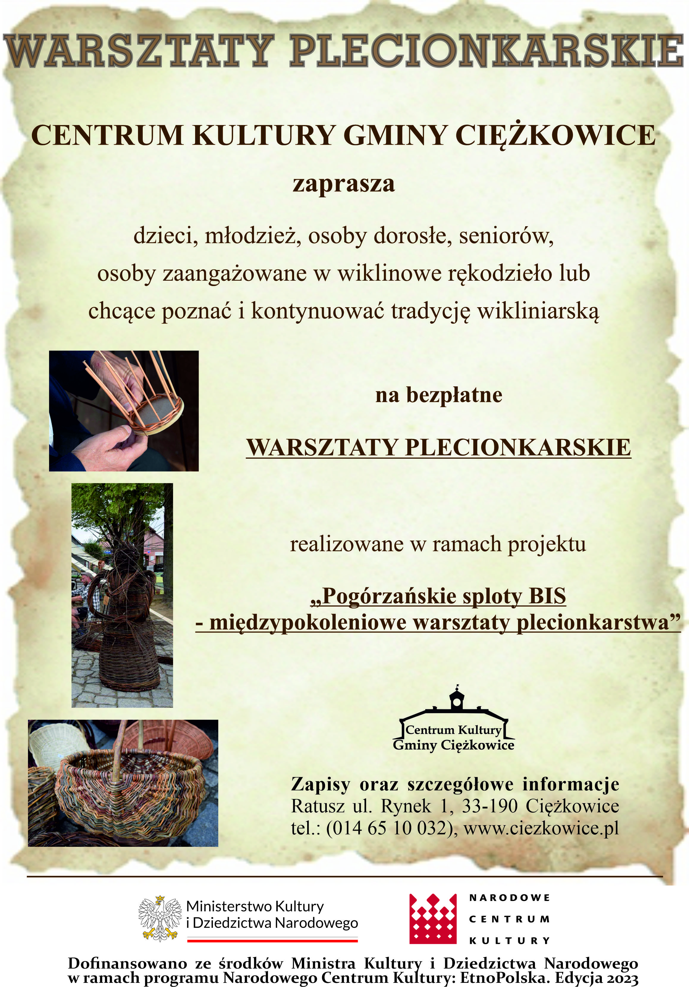 Plakat informacyjny o warsztatach plecionkarskich