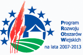 Logo Programu Rozwoju Obszarów Wiejskich 2007do 2013.Przedstawia stylizowaną chatę na tle niebieskich gwiazd, symbol UE i czerwonych akcentów graficznych