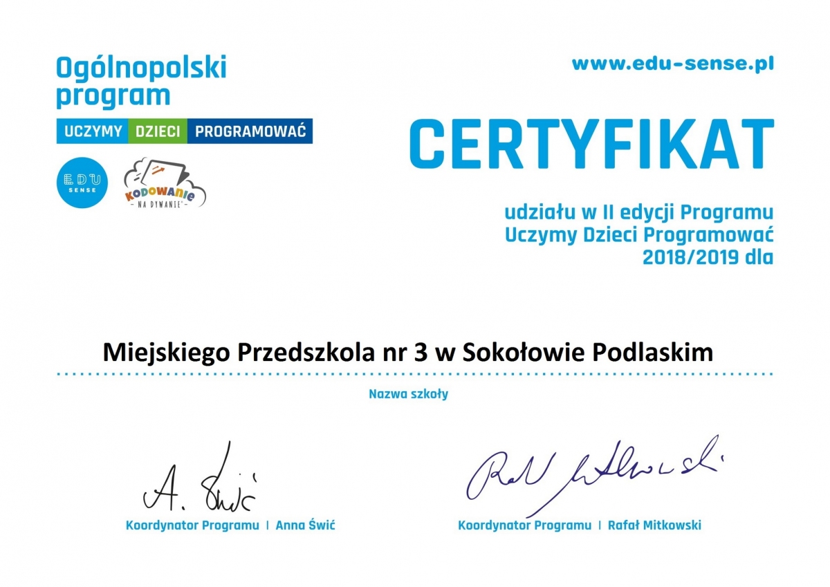 Certyfikat udziału w II Edycji Programu Uczymy Dzieci Programować