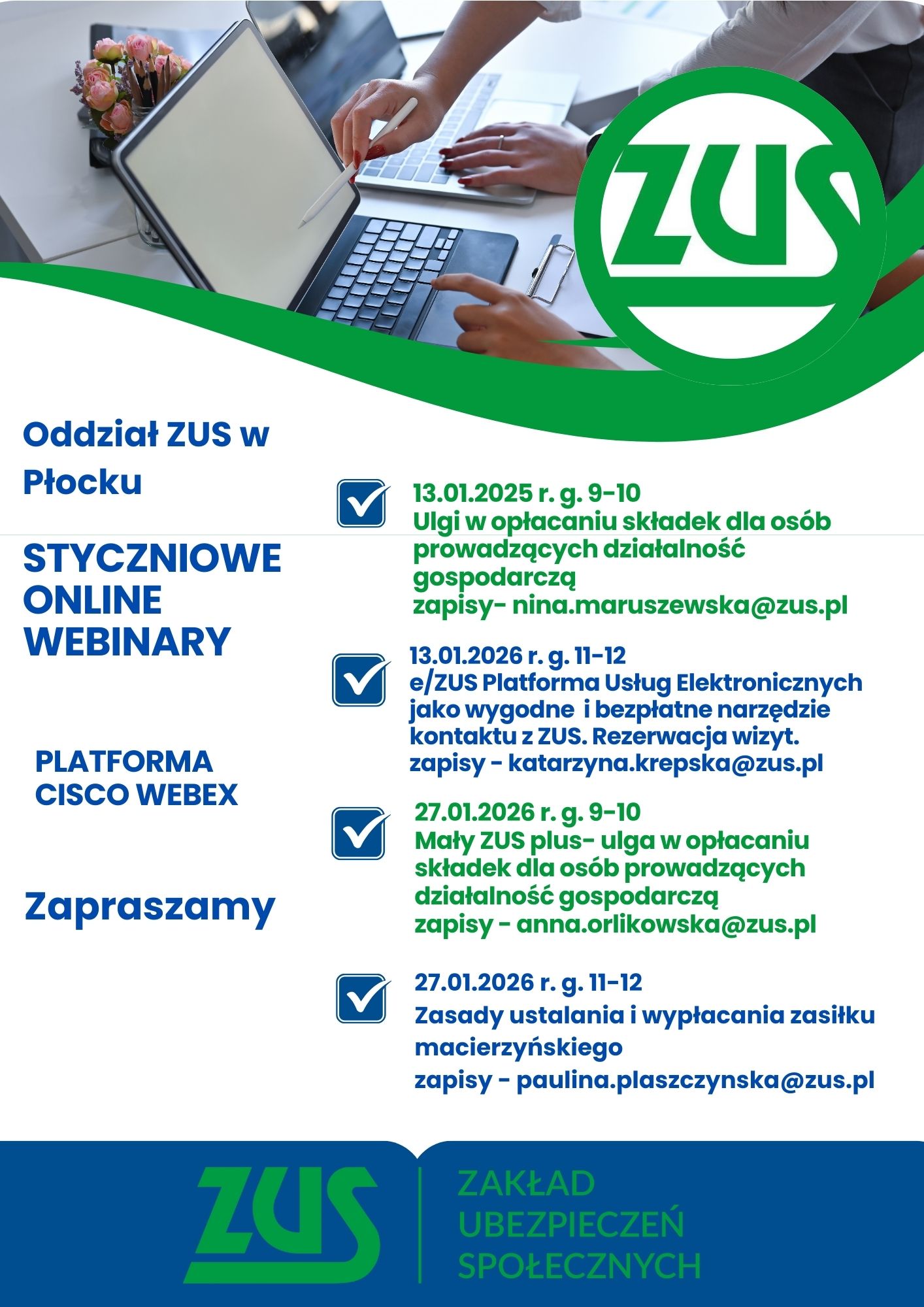 informacja prasowa dotycząca rocznego rozliczenia składek przedsiębiorcom za 2025 r. oraz wykaz styczniowych szkoleń online dla klientów