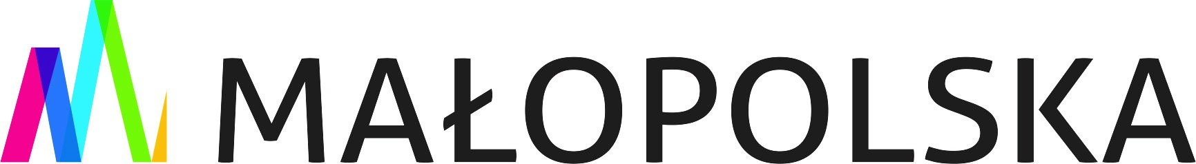 Załączony obraz przedstawia logo Województwa Małopolskiego. Z lewej strony znajduje się charakterystyczny, kolorowy symbol litery M, utworzony z dynamicznych, nachodzących na siebie kształtów w kolorach różowym, niebieskim, turkusowym, zielonym i żółtym. Symbol ten nawiązuje do nowoczesności, energii oraz różnorodności regionu. Po prawej stronie widnieje napis MAŁOPOLSKA zapisany elegancką, nowoczesną czcionką w kolorze czarnym.