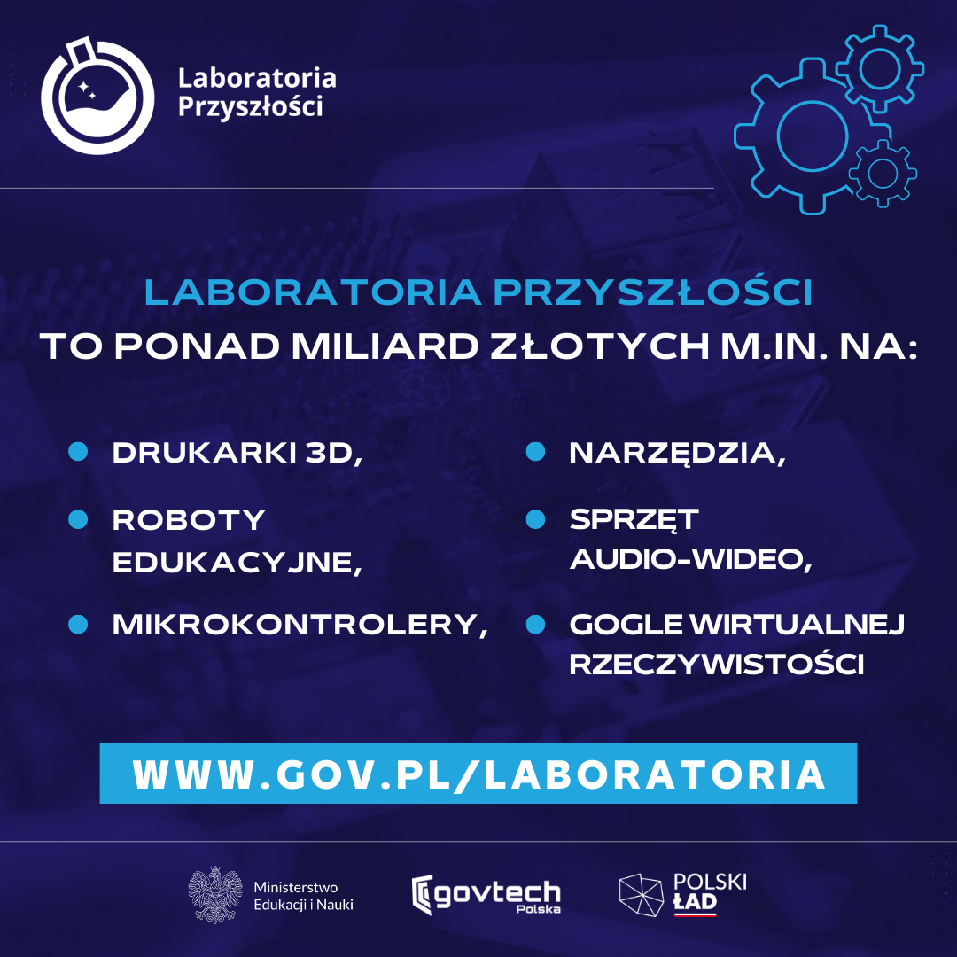 Laboratoria Przyszłości to ponad miliard złotych m.in. na: drukarki 3D, roboty edukacyjne, sprzęt audio-wideo, narzędzia, mikrokontrolery, gogle wirtualnej rzeczywistości. www.gov.pl/laboratoria Stopka: Ministerstwo Edukacji Narodowej, Govtech, Polski Ład