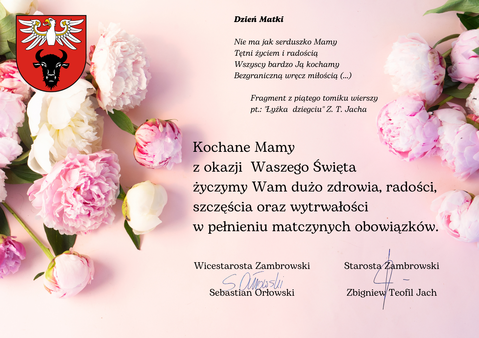 zdjęcie przedstawiaplakat z grafiką i tekstem, na której znajdują się różowe kwiaty, logo powiatu oraz napis życzenia Starosty i Wicestarosty z okazji Dnia Matki