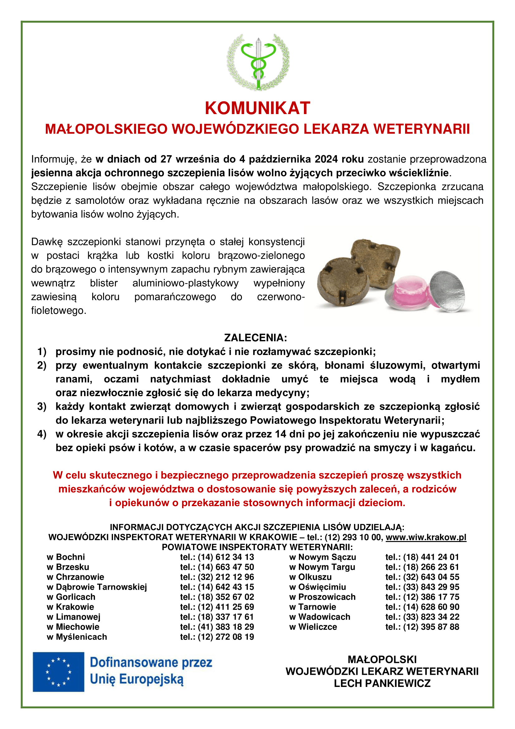 Obraz przedstawia komunikat na białym tle o zmianie terminu szczepienia lisów