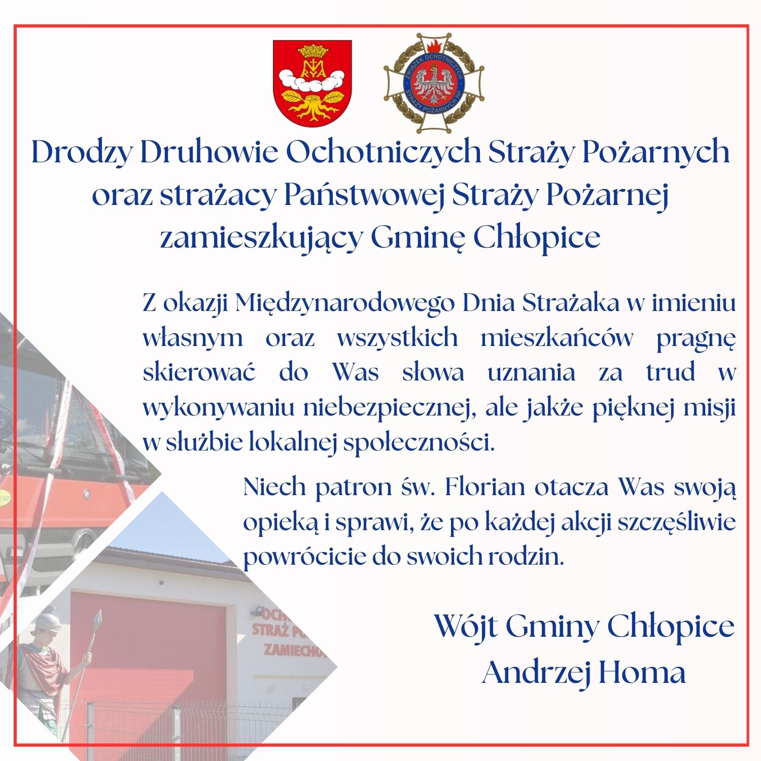 Życzenia Wójta Gminy Chłopice z okazji międzynarodowego Dnia Strażaka