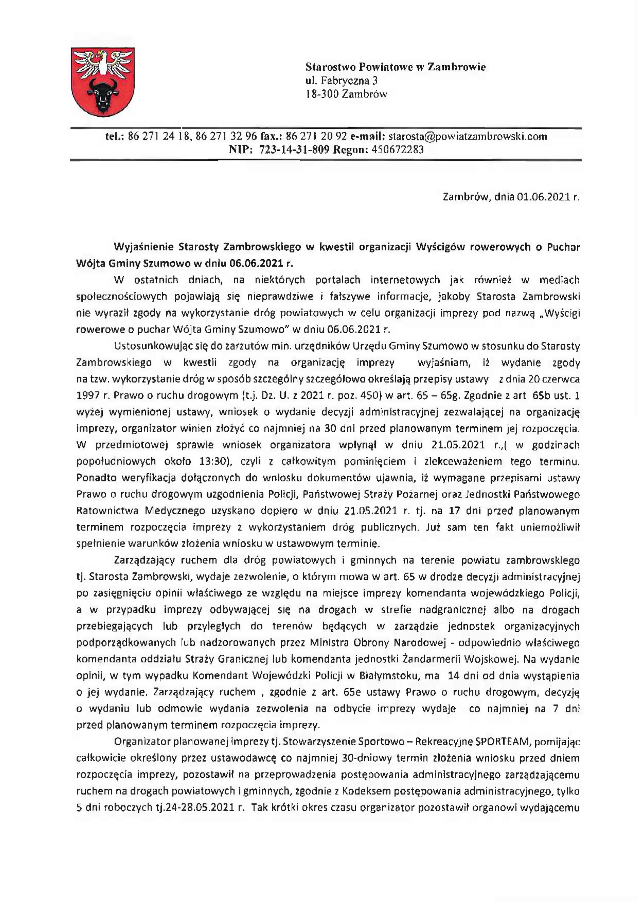 Wyjaśnienie Starosty Zambrowskiego w kwestii organizacji Wyścigów rowerowych o Puchar Wójta Gminy Szumowo w dniu 06.06.2021 r.