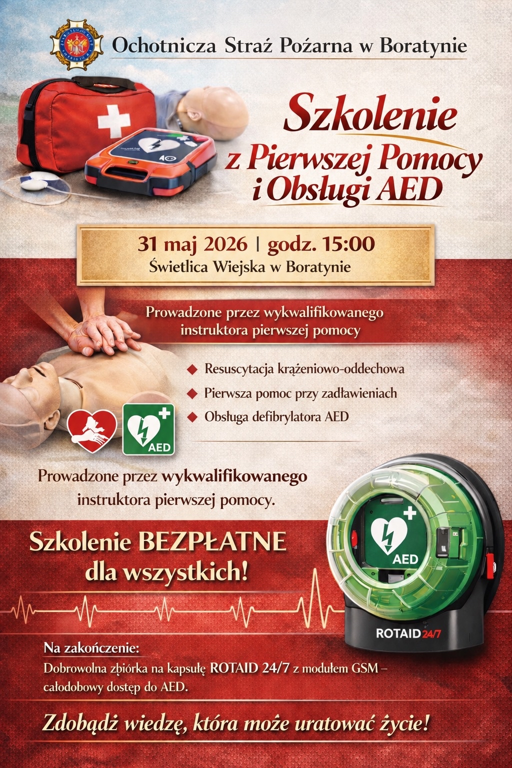 Zaproszenie na bezpłatne szkolenie z pierwszej pomocy przedmedycznej oraz obsługi AED [31.05.2026r.]