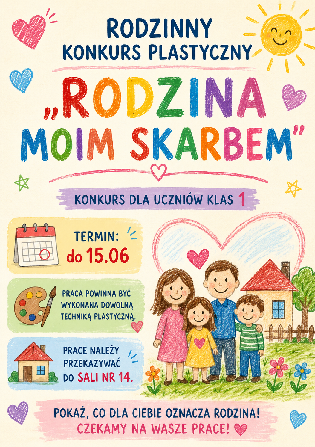 Kolorowy plakat informujący o Rodzinnym Konkursie Plastycznym pod tytułem „Rodzina moim skarbem" dla uczniów klas 1. Termin składania prac upływa 15 czerwca. Praca powinna być wykonana dowolną techniką plastyczną. Prace należy przekazywać do sali nr 14. Na plakacie widnieje zachęta: „Pokaż, co dla ciebie oznacza rodzina! Czekamy na wasze prace!" Plakat zdobią rysunkowe ilustracje: uśmiechnięta rodzina czworga (mama, tata, córka i syn) stojąca przed domkiem na tle wielkiego serca, słońce, kolorowe serduszka i gwiazdki.
