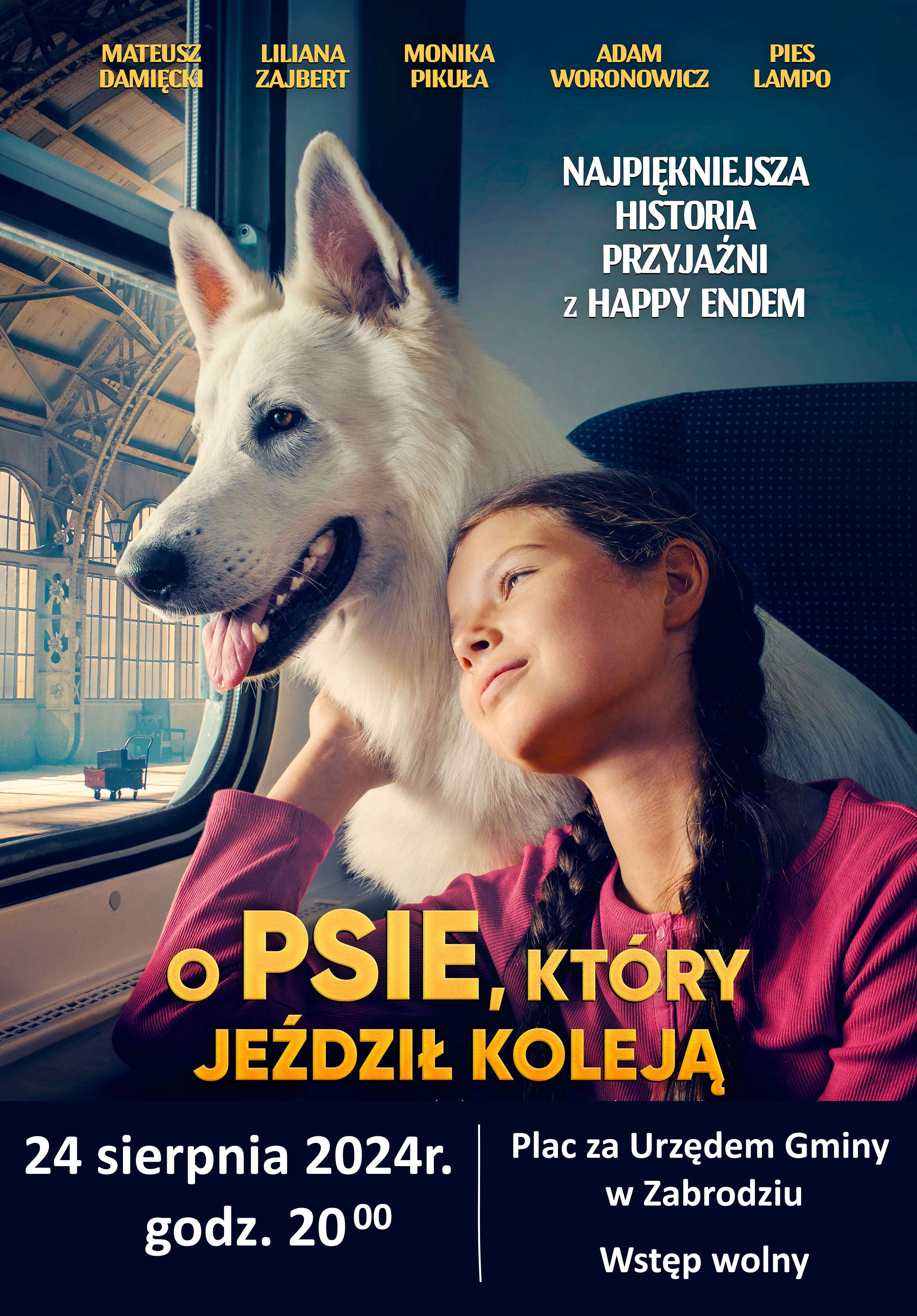 Biały pies wygląda przez okno pociągu, obok niego siedzi dziewczyna trzymająca rękę na jego sierści. O psie, który jeździł koleją. 24 sierpnia 2024 godz. 20:00 plac przy Urzędzie Gminy Zabrodzie. Wstęp wolny