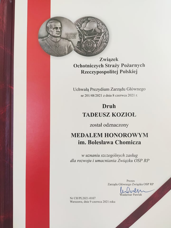 Dyplom ZOSP RP dla druha Tadeusza Kozioł