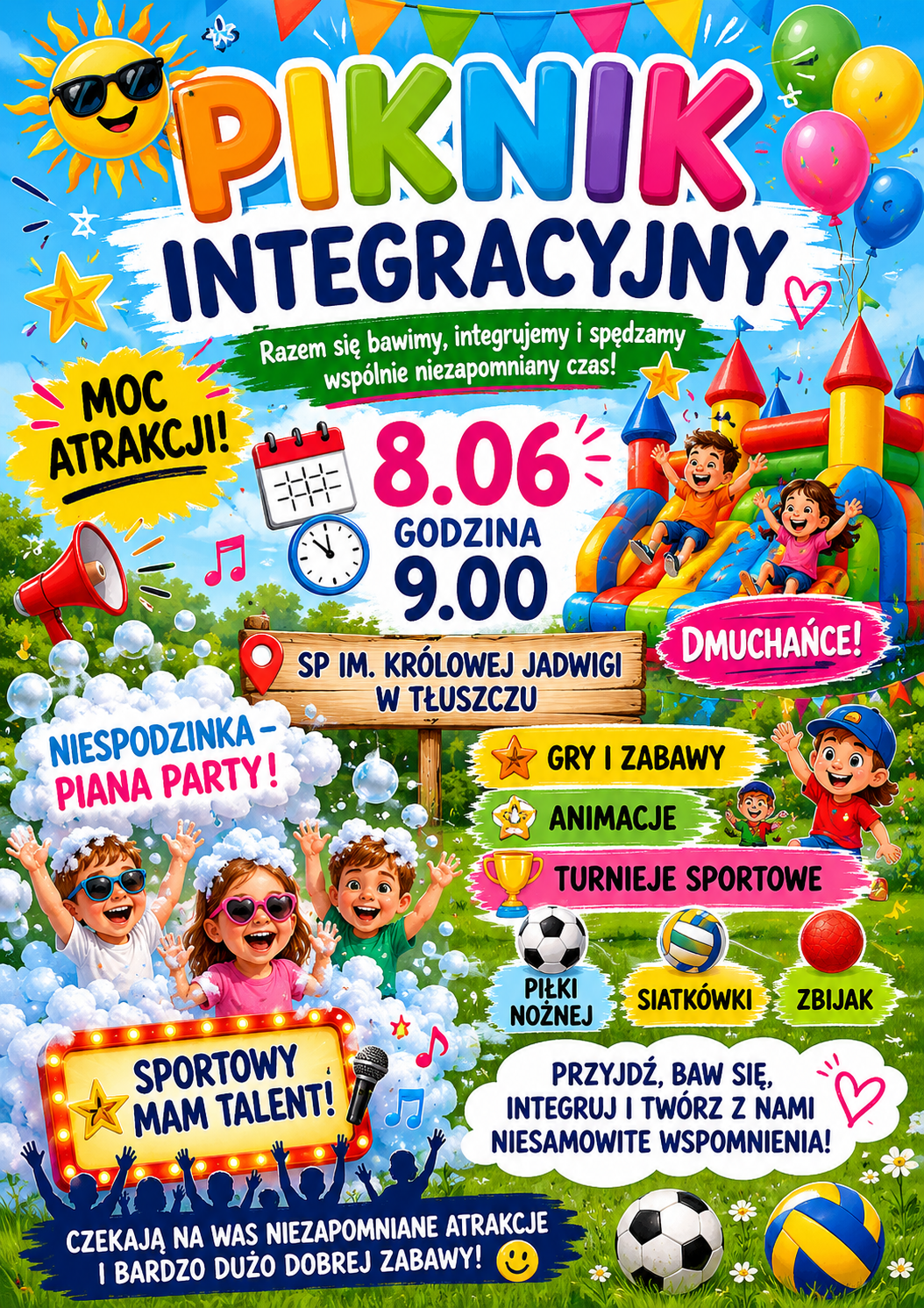 Kolorowy plakat promujący Piknik Integracyjny. Hasło przewodnie: „Razem się bawimy, integrujemy i spędzamy wspólnie niezapomniany czas!" Termin i miejsce: 8 czerwca, godzina 9:00, SP im. Królowej Jadwigi w Tłuszczu. Atrakcje: Moc atrakcji! Dmuchańce Niespodzinka – Piana Party! Gry i zabawy Animacje Turnieje sportowe: piłka nożna, siatkówka, zbijak Sportowy Mam Talent! Na dole plakatu napis: „Przyjdź, baw się, integruj i twórz z nami niesamowite wspomnienia!" oraz „Czekają na Was niezapomniane atrakcje i bardzo dużo dobrej zabawy!" Plakat ozdobiony ilustracjami bawiących się dzieci, zamku dmuchanego, balonów, piłek oraz słoneczka w okularach.