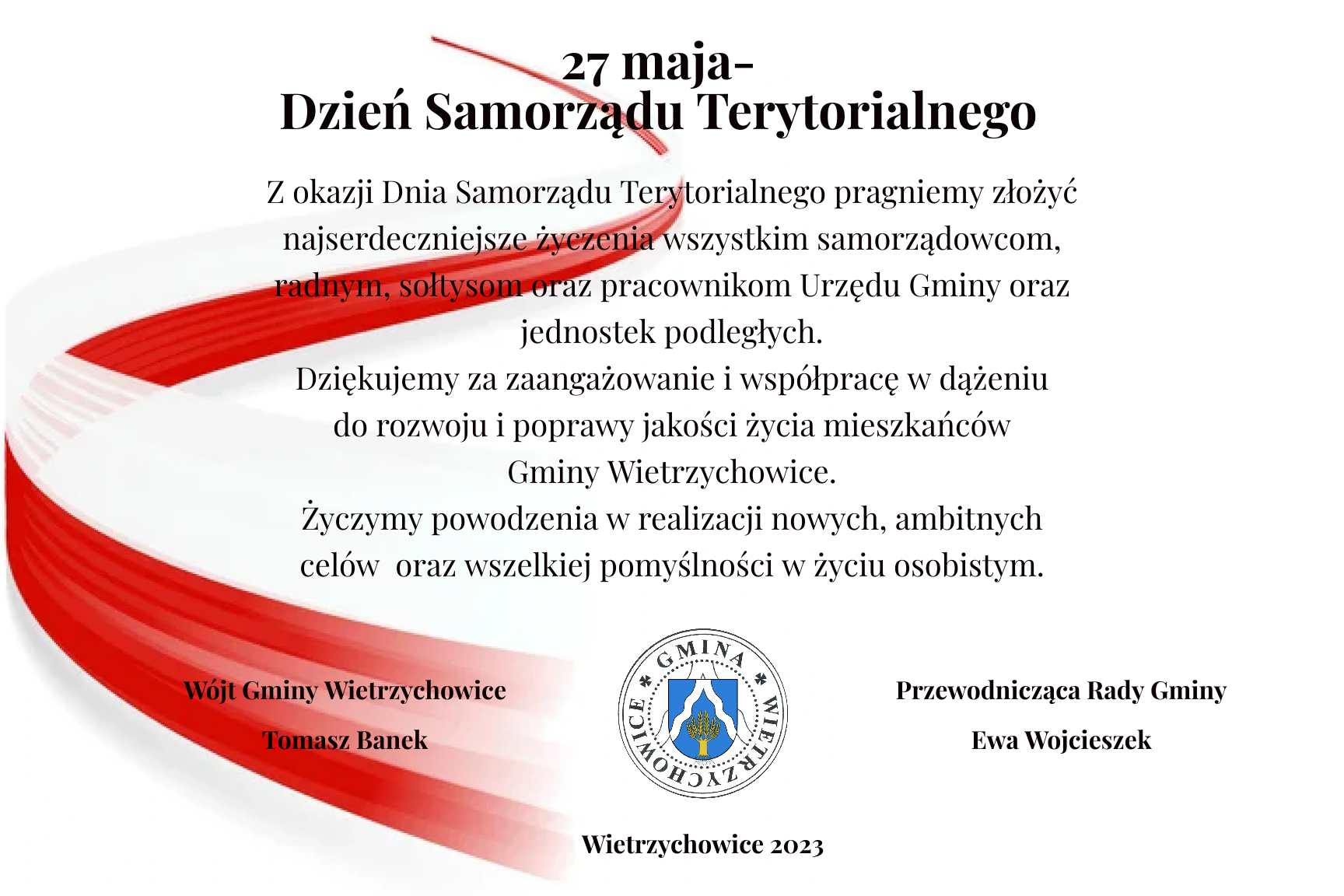 grafika przedstawia na białym tle z lewej strony wstęgę w kolorach flagi Polski, obok tekst z życzeniami