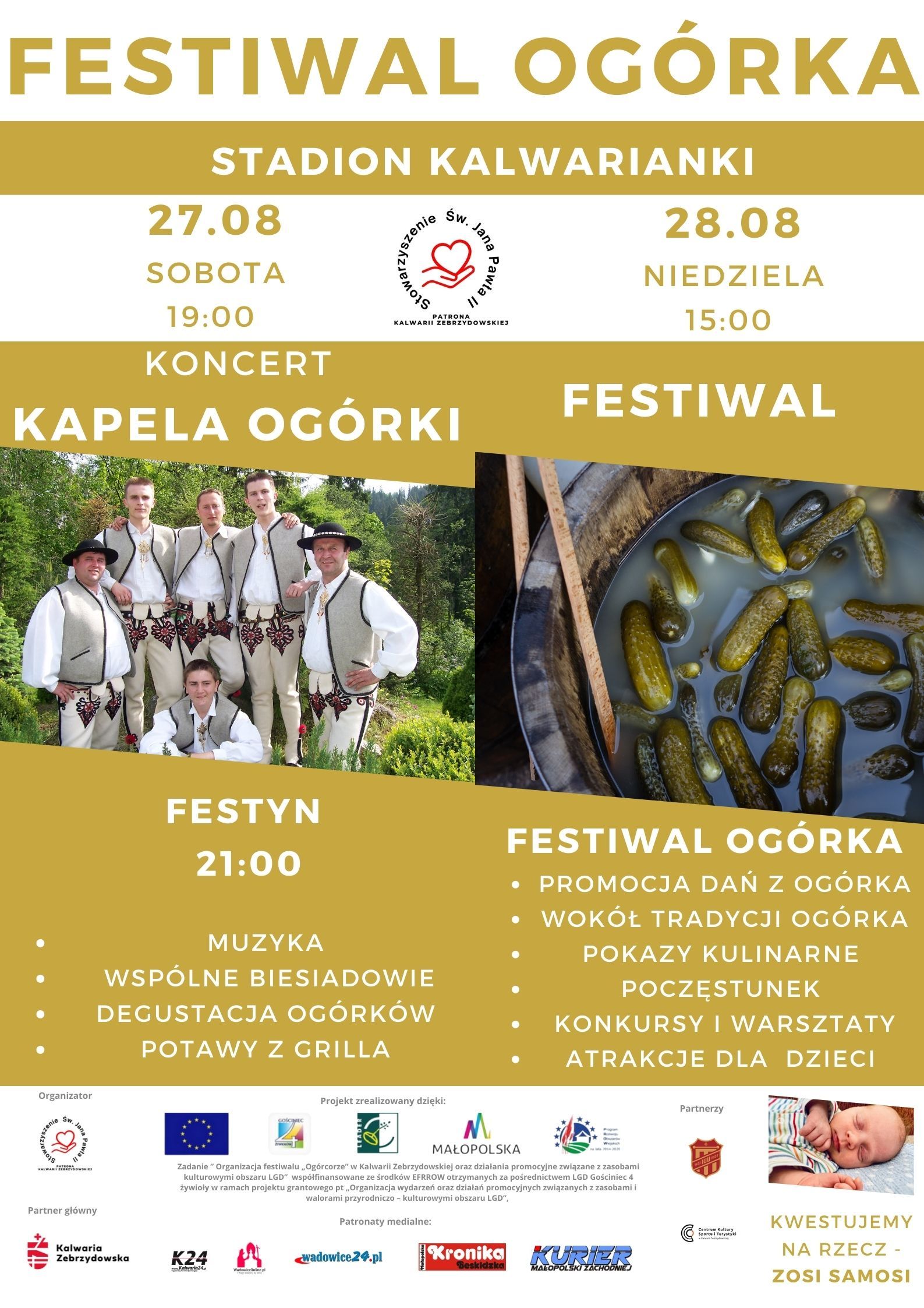 Plakat informujący o Festiwalu Ogórka w Kalwarii Zebrzydowskiej, po lewej stronie kapela góralska po prawej ogórki kiszone. 