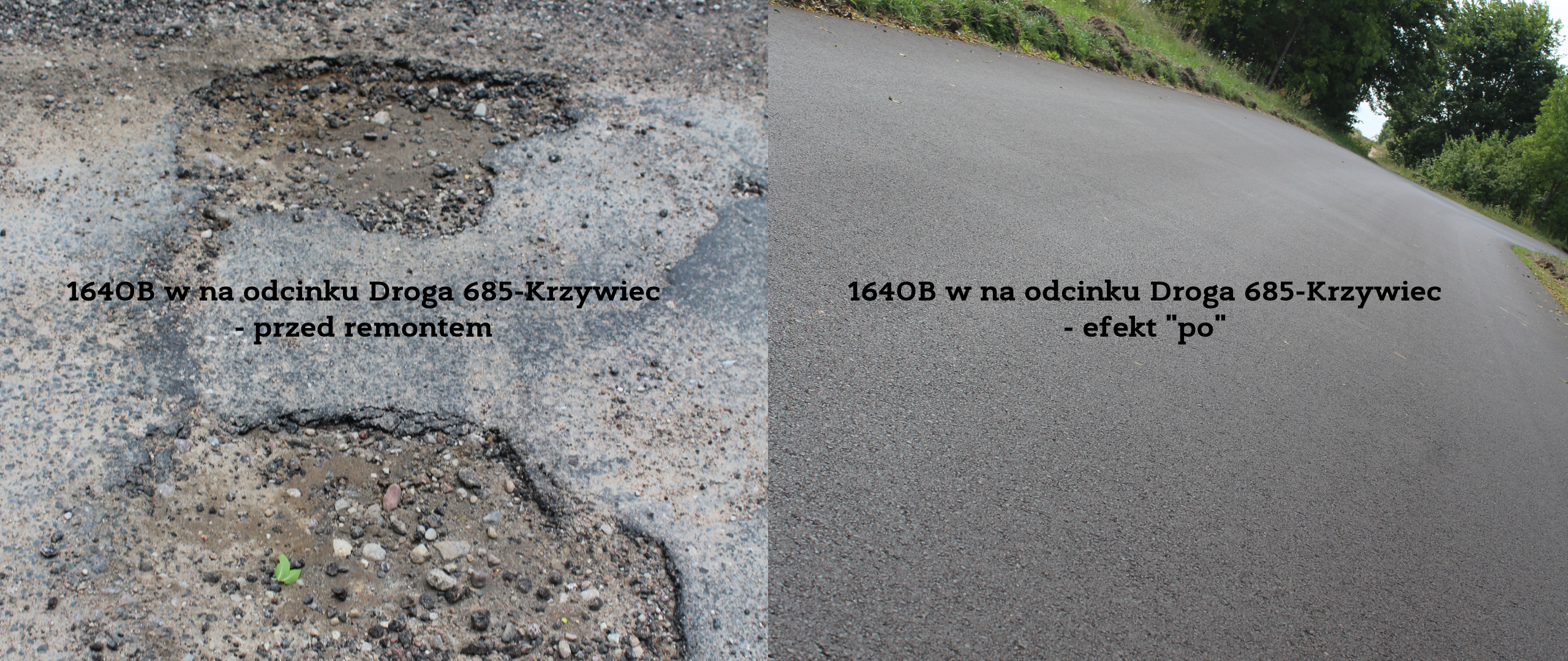 Kolaż zdjęć prezentujący drogi powiatowe: efekt przed i po remoncie