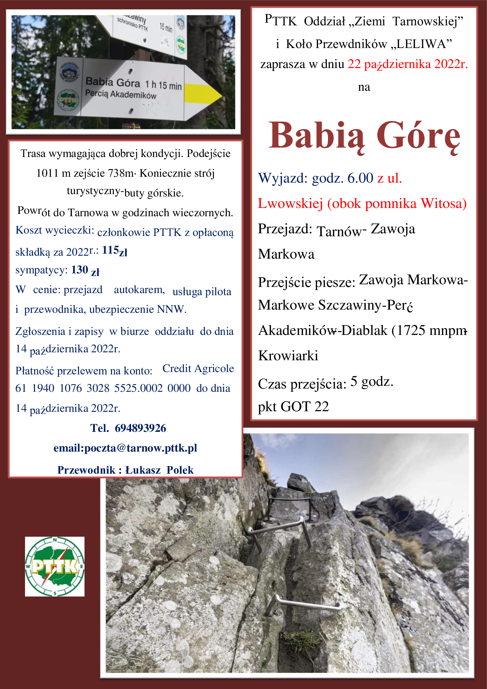 Grafika przedstawia informacje dotyczące wycieczki na Babią Górę organizowaną przez PTTK w Tarnowie