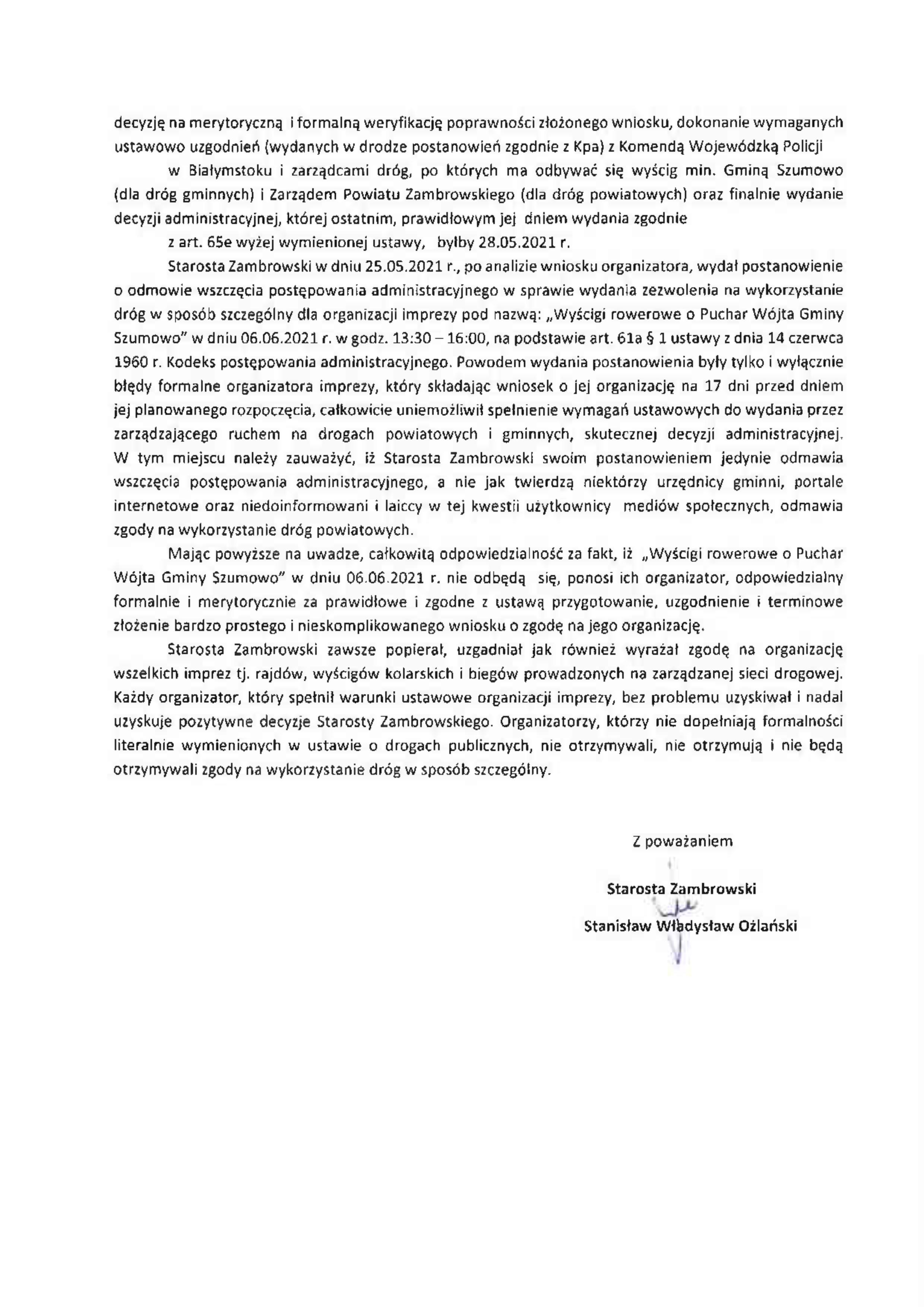 Wyjaśnienie Starosty Zambrowskiego w kwestii organizacji Wyścigów rowerowych o Puchar Wójta Gminy Szumowo w dniu 06.06.2021 r.