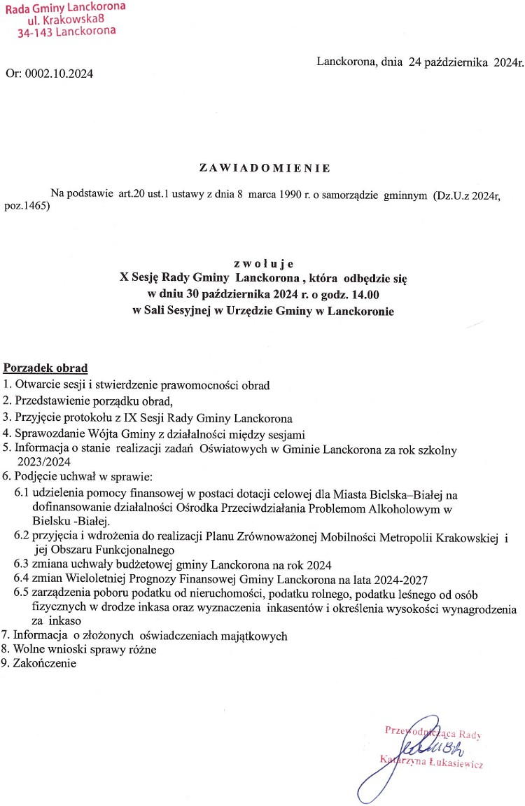 Zawiadomienie o zwołaniu X sesji Rady Gminy Lanckorona