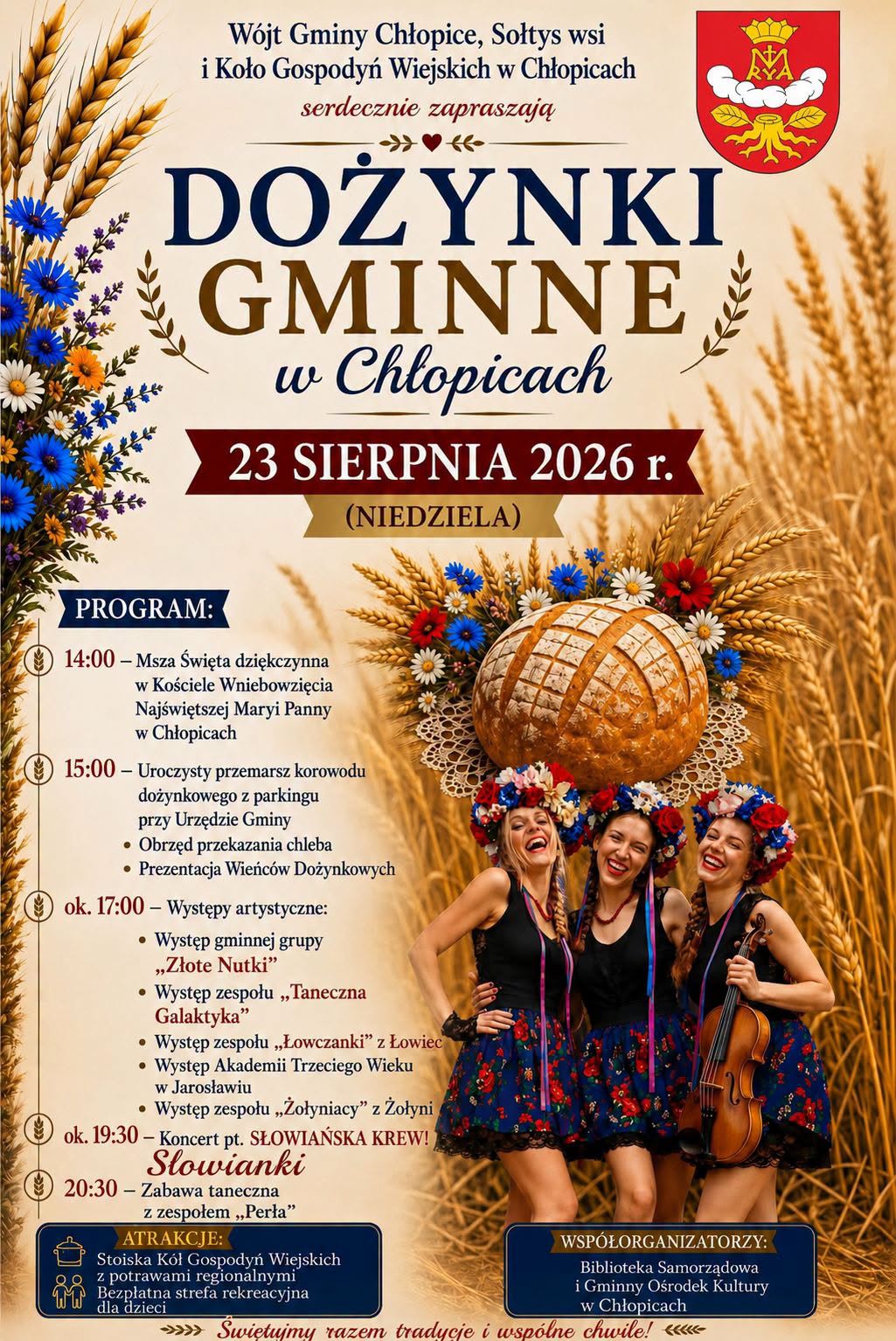Zaproszenie na dożynki gminne w Chłopicach 23.08.2026 r.