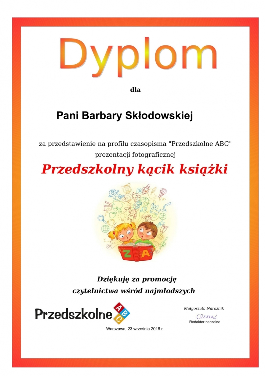 Dyplom za przedstawienie prezentacji fotograficznej "Przedszkolny Kącik Książki" 