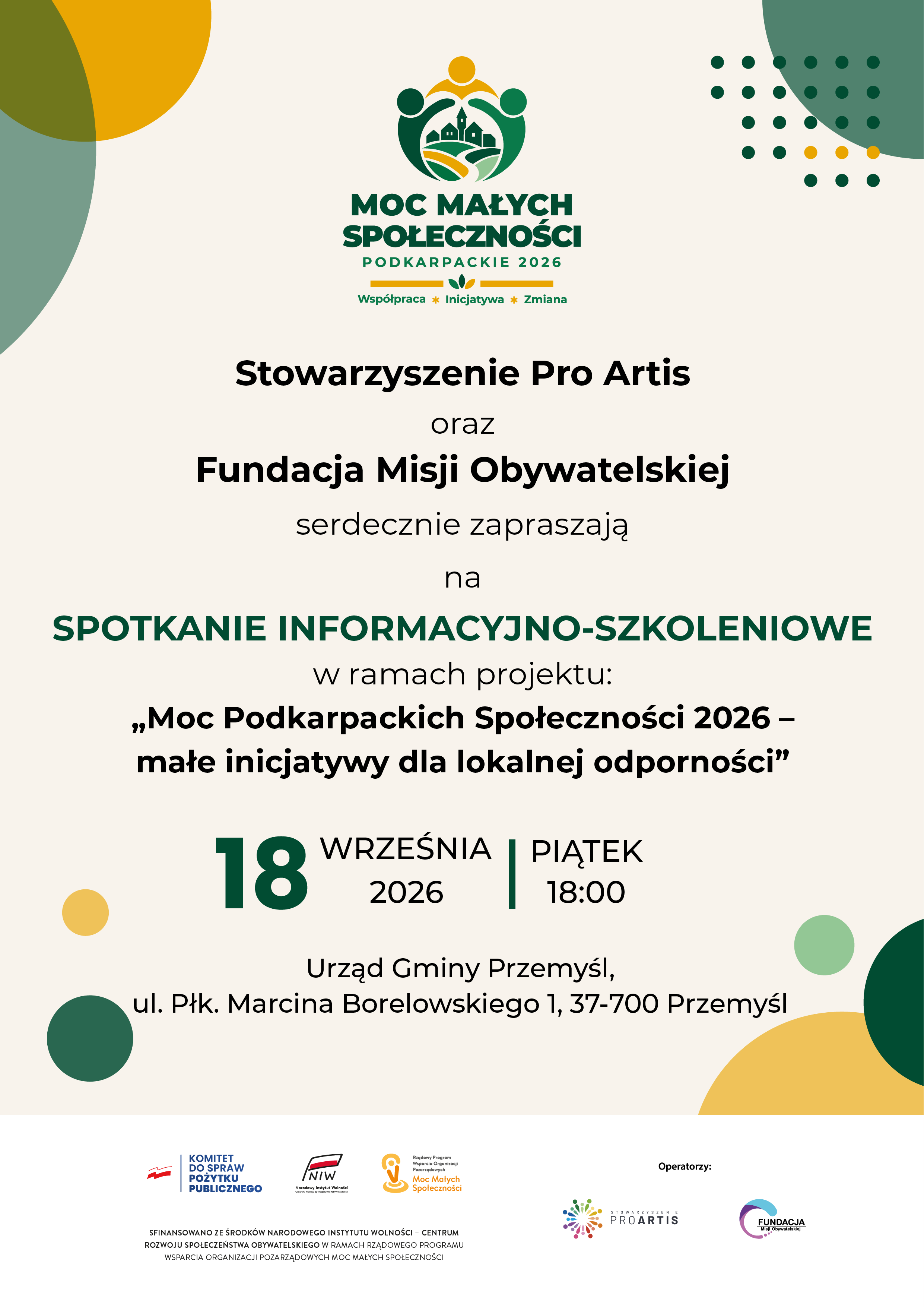 Zaproszenie na spotkanie informacyjno-szkoleniowe w Przemyślu dnia 18 września 2026 r. w ramach projektu „Moc Podkarpackich Społeczności 2026 – małe inicjatywy dla lokalnej odporności"