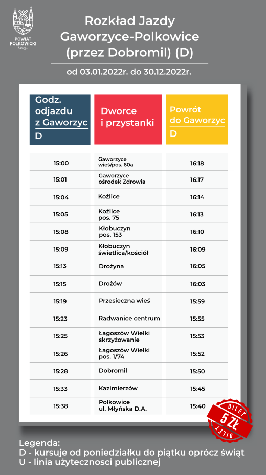 Rozkład jazdy dla linii Gaworzyce-Polkowice (przez Dobromil) (D)