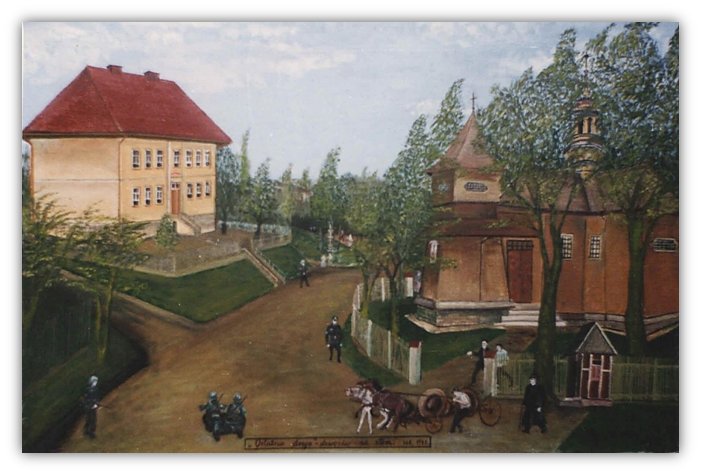 Stanisław Ożóg; obraz „Ostatnia droga dzwonów”, w tle budynek szkoły.