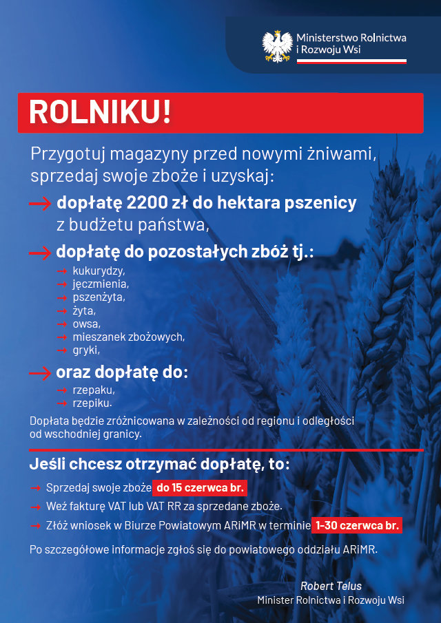 Plakat informacyjny w granatowo-czerwonej kolorystyce, zawierający informacje o dopłatach dla rolników